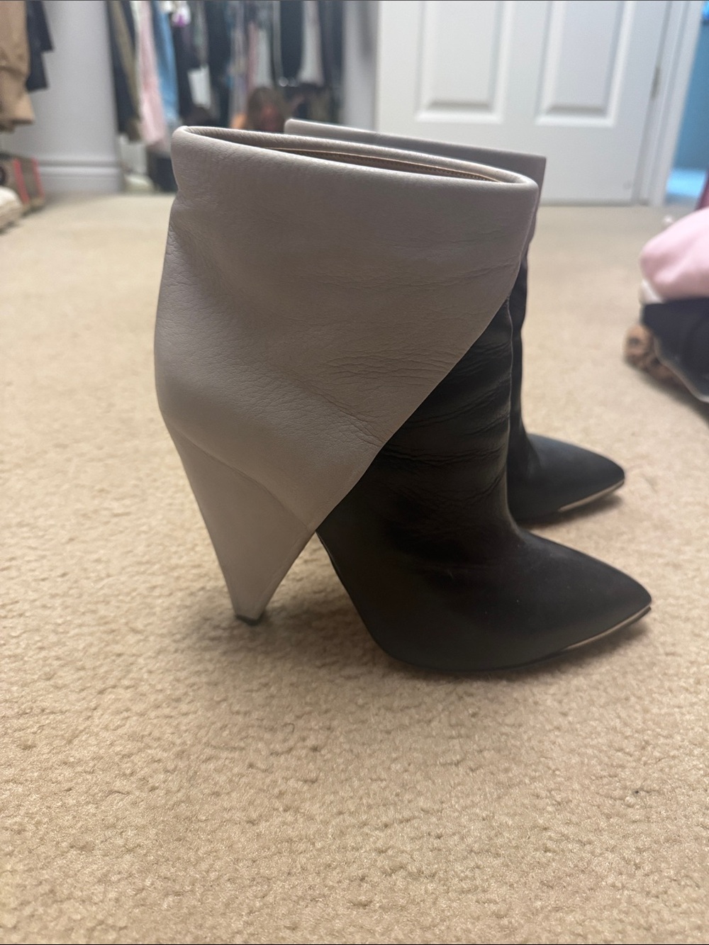 IRO Two-Tone Pointed Toe Cone Heel Ankle Boots - Black and Light Gray